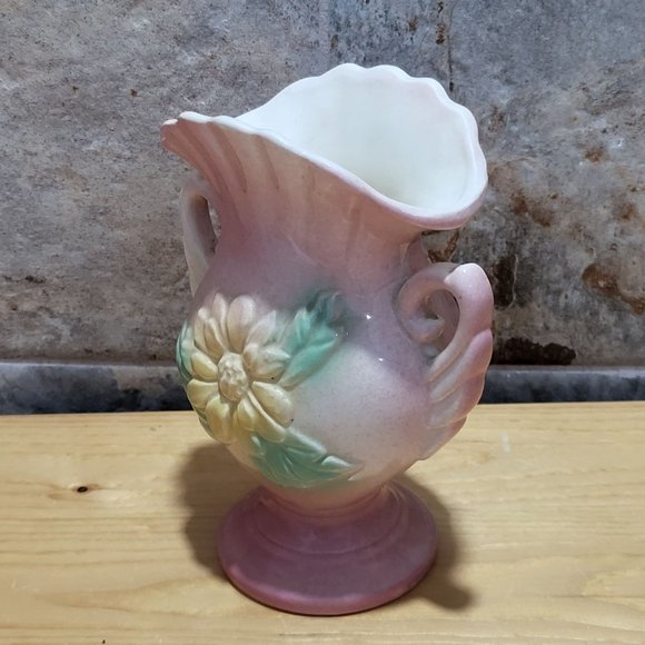 VTG USA Pottery Pink Green Yellow Flower Vase Pleated Fan Top Double Handles - Picture 13 of 14